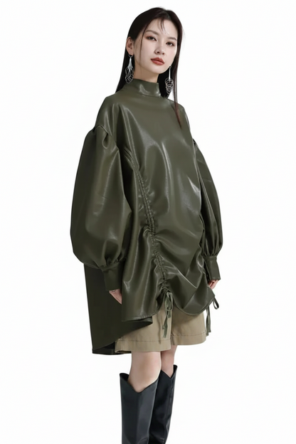 🍒Womens leather top drawstring turtle neck oversize jacket spring autumn fashion long sleeve outwear top smart casual clothing Get Looks In A Leather Look