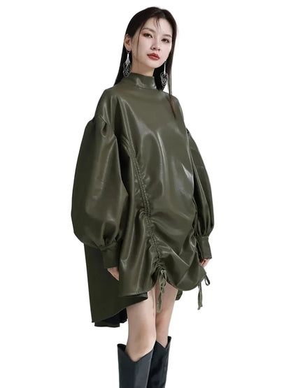 🍒Womens leather top drawstring turtle neck oversize jacket spring autumn fashion long sleeve outwear top smart casual clothing Get Looks In A Leather Look