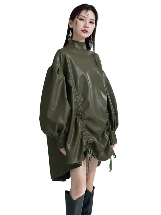 🍒Womens leather top drawstring turtle neck oversize jacket spring autumn fashion long sleeve outwear top smart casual clothing Get Looks In A Leather Look