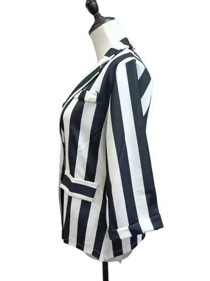 🍒Vintage striped blazer three quarter sleeve suit jacket women’s long sleeve double breasted jacket commuter smart casual outer wear plus size fashion striped clothing Stripe Lucky