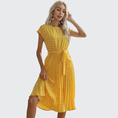 🍒Summer dresses for women high waist midi outfit with pleats elegant pleated polka dots short sleeve fashion office clothing vacation wear  Don’t Delay Dotties