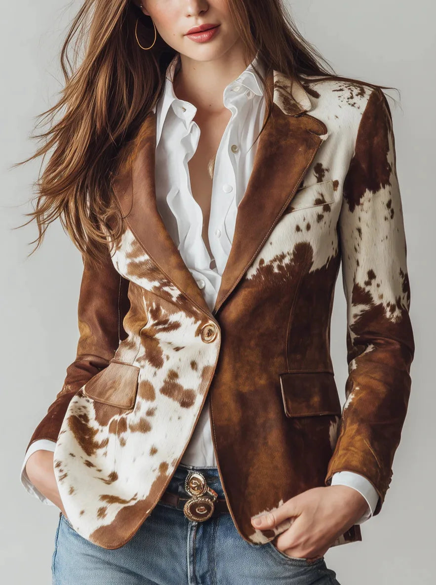 🍒Informele Baadjie vir vroue, modieuse bruin diereprent langmou baadjie met lapelstyle en opstaande kraag, slim blazerpakke, slim gemaklik, Oulike Koei