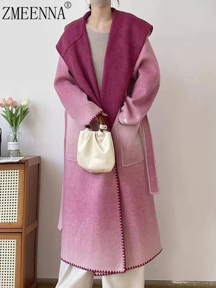 🍒Pienk wolmengseljas met kap en gordel, stylvolle winteroorjas, kleurvolle moderne modejas, slim gemaklike buiteklere, vroue lyk soos lekkergoed in vlokkie-wol
