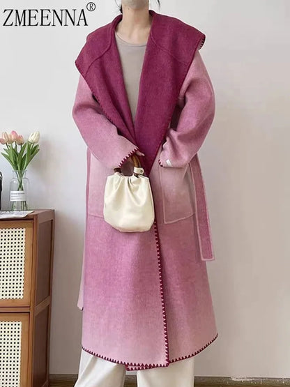 🍒Pienk wolmengseljas met kap en gordel, stylvolle winteroorjas, kleurvolle moderne modejas, slim gemaklike buiteklere, vroue lyk soos lekkergoed in vlokkie-wol