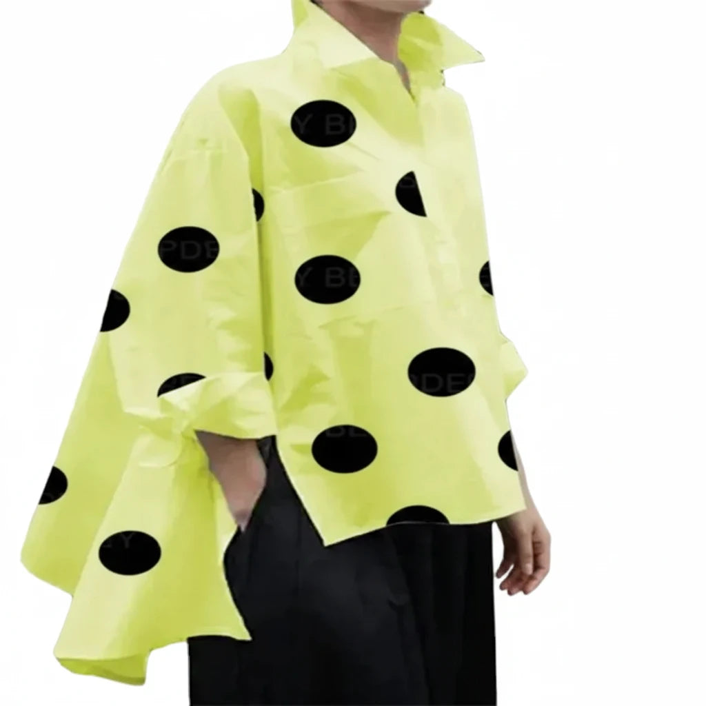 🍒Long sleeve polka dot shirt cotton Button Up high low blouse designer style clothing holiday wear chic fashion wear for women black and white fashion Delightful Dots