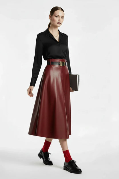 🍒Red pu skirt high end goddess fashion a-line leather midi mid length umbrella skirt occasion party wear Get A Little Bottle with A Burgundy