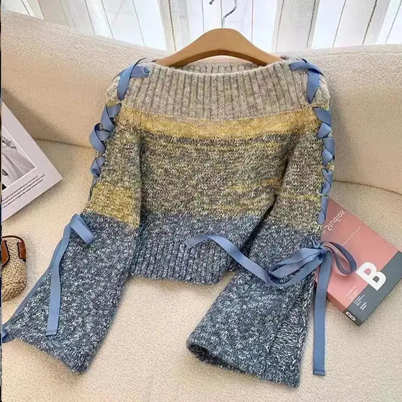 🍒Jumpers Y2k tops clothes with bows on them short pullover for women autumn knitted sweater women vintage contrast tie detail jumper