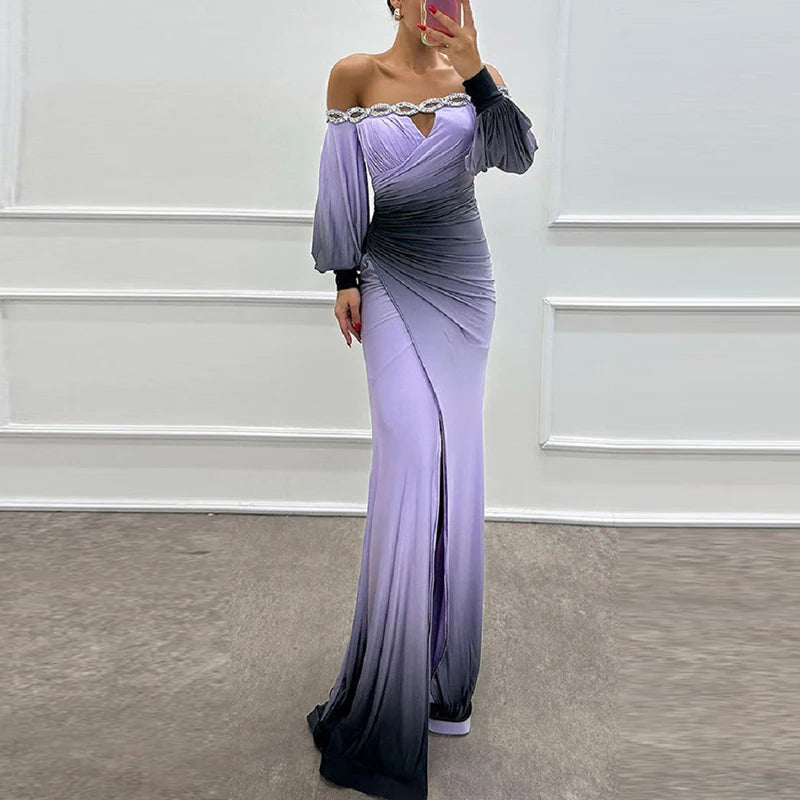 🍒Contrast colour dress high waist ruched long dress outfit Off shoulder puff sleeve party wear womens evening gown occasion wear