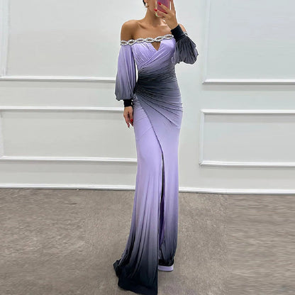 🍒Contrast colour dress high waist ruched long dress outfit Off shoulder puff sleeve party wear womens evening gown occasion wear