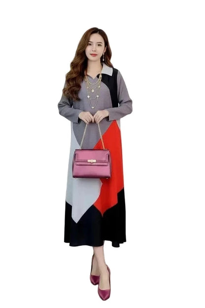 🍒Pleated dress long sleeves colour block outfit midi womens summer loose fashion autumn Clothes smart casual wear Diamond Dress