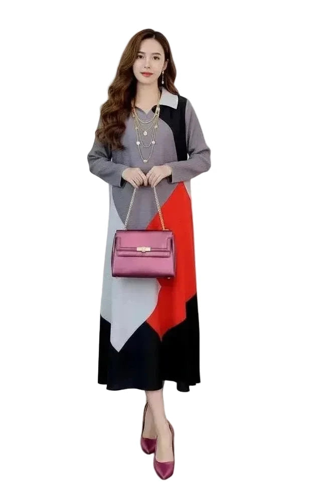 🍒Pleated dress long sleeves colour block outfit midi womens summer loose fashion autumn Clothes smart casual wear Diamond Dress