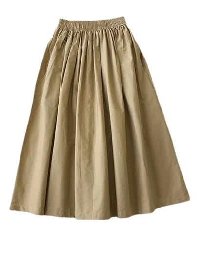 🍒Geplooide knielengte romp met sakke, vroue wit lang romp, eenvoudige mode, somerklere, slim toevallige drag, alledaagse noodsaaklikhede, alledaagse drag, elegante hoë middellyf A-lyn vroueromp uitrusting, Eenvoudig Maklik
