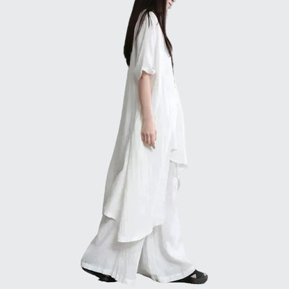 🍒Two-piece set for women shirts and pants outfit holiday cotton linen style wide leg trousers and asymetric top short sleeve blouse suit summer clothing  Layback Loose Linen-y Lovely