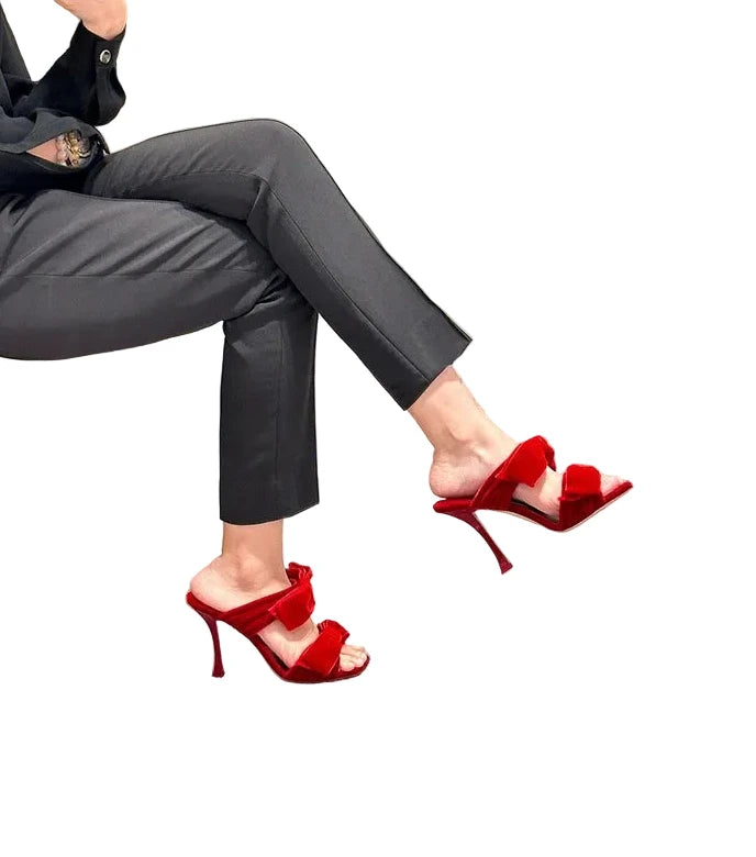 🍒Strik hoëhakskoene vroue oop skoene met vierkantige toon mode gemaklik-elegant skoene partytjie geleentheid pantoffels suikerpienk fluweel stapel sandale ooptoon naaldhak aandsandale haal die beste strikke uit