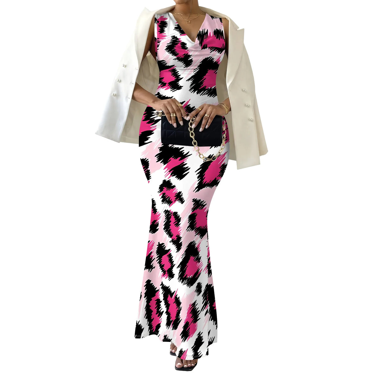 🍒Colourful dress maxi sleeveless fashion boycon bold animal print clothing party evening wear resort wear cowl neck outfit Lookgood Lioness Leopard