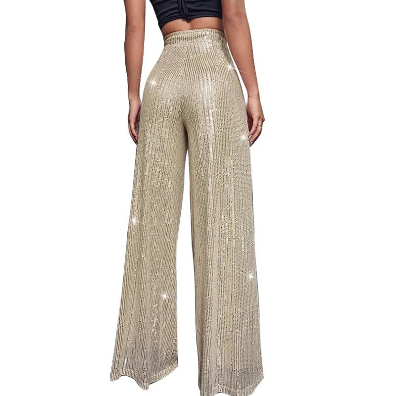 🍒Hoë middellyf sequin-broeke vonkel los gemaklike wyepypbroek klokonderkant-broeke glinster klubdrag partytjiedrag Alles Vonkel In Glans En Glans