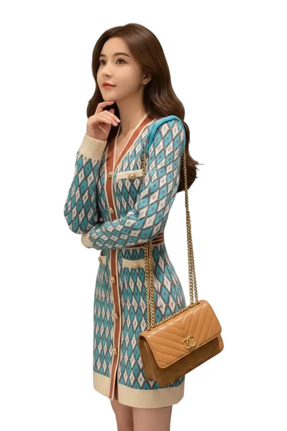 🍒Knitted dress for women v- neck autumn winter fashion french style clothing smart casual female outfit women diamond checkered clothing Playout Plaids