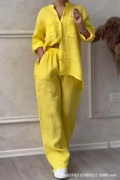 🍒two piece sets casual long sleeve womens shirt with pockets and fashion loose wide leg pants outfit smart casual clothes         Ba-sick