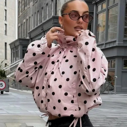 🍒Polka kol modieuse pienk baadjies lente/somer klere gedrukte los bedekkingsbaadjie-top met staankraag, sjiek gemaklike klere met trekkoorddetail Lente, Liefling
