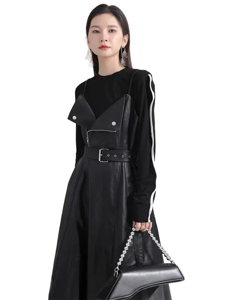 🍒Black faux leather dress spaghetti strap pu outfit with zip front sleeveless belted midi a-line dress party occasion wear sleeveless wear for women Like A Biker