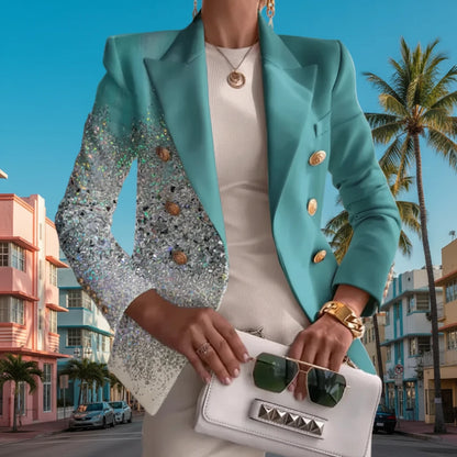 🍒Long sleeve button sequin jacket for occasion simple chic outerwear turn-down collar coats women spring autumn fashion ladies blazers    Aqua -ire A Cool Black and White Jacket