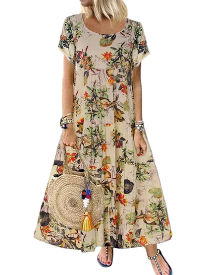 🍒Women's round neck short sleeve dress loose waist linen A-Linen out fit maxi length casual summer wear floral fashion Flattering Floral