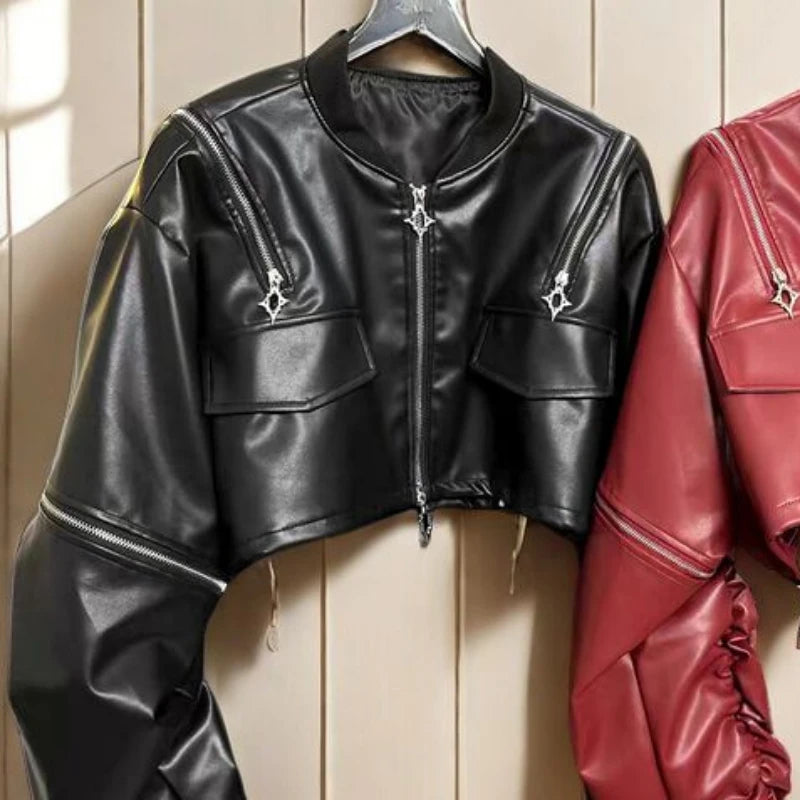 🍒pu cold shoulder leerbaadjie Y2K estetiese straatklere buiteklere los modes vroue soliede mode vroulike kort jas Bly snoesig in 'n koue skouerjas