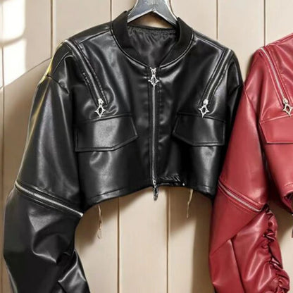 🍒pu cold shoulder leerbaadjie Y2K estetiese straatklere buiteklere los modes vroue soliede mode vroulike kort jas Bly snoesig in 'n koue skouerjas