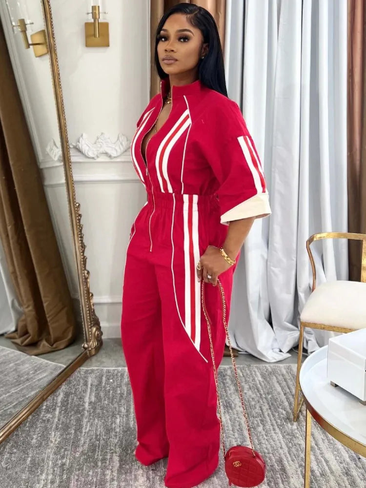 🍒Women Jumpsuits 3/4 sleeve stripe loose fashion rompers wide leg pants one piece trousers for women smart casual summer clothing Sport Stripes