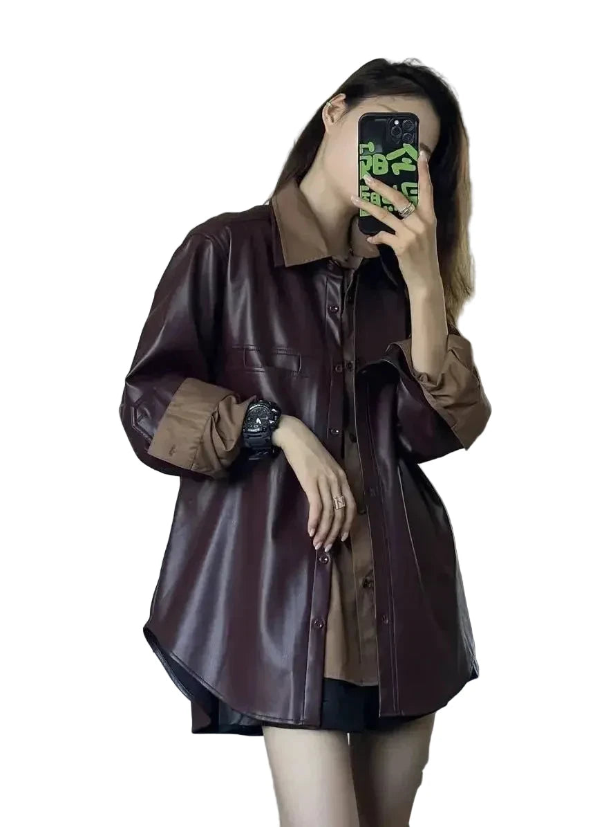 🍒Shirt style jackets faux leather womens oversized outerwear solid single breasted spring/autumn stylish vintage turn-down collar windbreak casual coats chic female clothing     Luvly Lazy-Like Leather Look