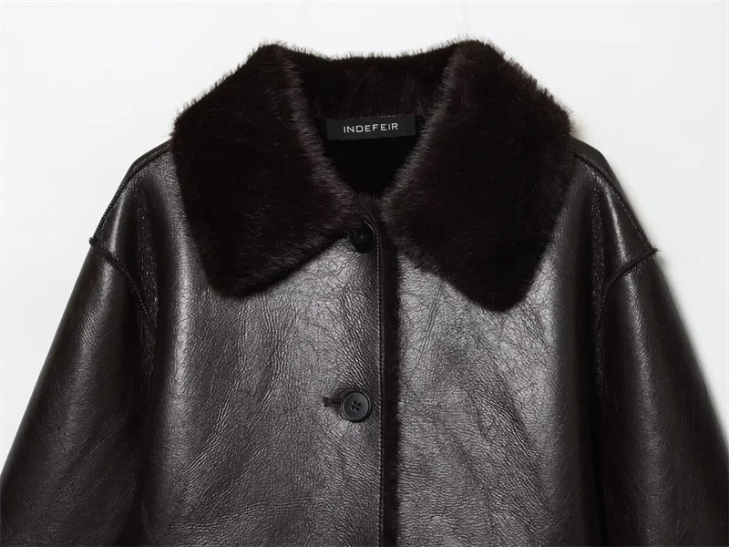 🍒Faux leather Jackets brown women long-sleeve reversible outerwear smart casual women stylish and unique Lavish In Leather or Flip To Fur