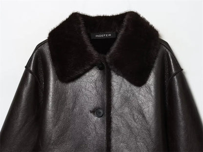 🍒Faux leather Jackets brown women long-sleeve reversible outerwear smart casual women stylish and unique Lavish In Leather or Flip To Fur