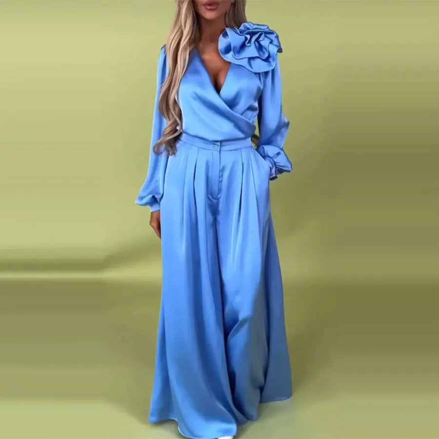 🍒Wyebeenbroekstel elegante 3D-blom satynpak vir vroue V-nekbloes plus wyebeen gemaklike los broek vir partytjies en geleenthede tweestuk Ontdek Satyn