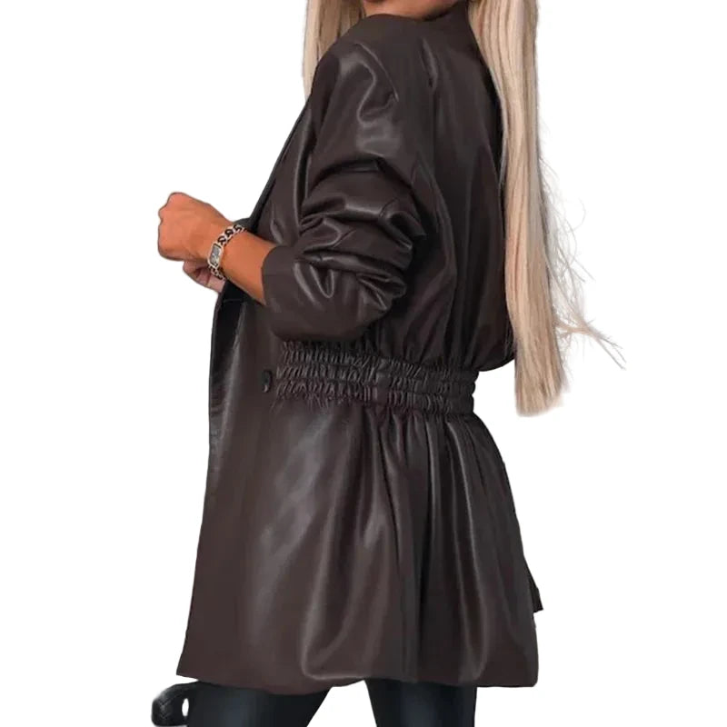 🍒Long sleeve faux leather mini  dress elastic waist retro double breasted outfit occasion trendy office wear clothing smart casual clothes women Life Leather