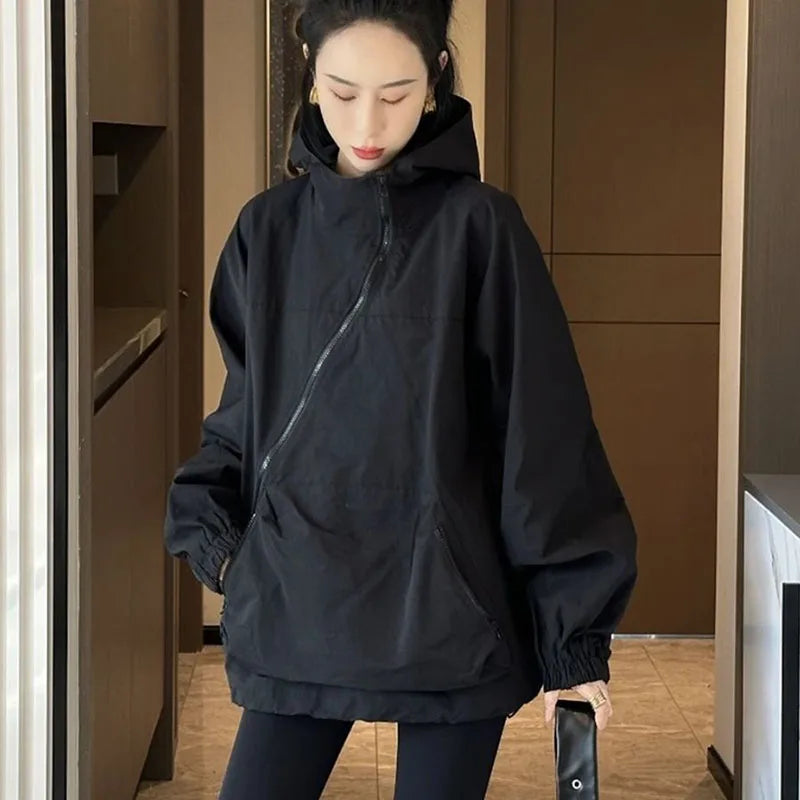 🍒Womens sweatshirt fashion designed diagnal placed zipper loose outerwear jacket hoodies smart casual women all match ladies pocket jacket Do A Diagnal Divert