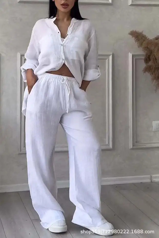🍒two piece sets casual long sleeve womens shirt with pockets and fashion loose wide leg pants outfit smart casual clothes         Ba-sick
