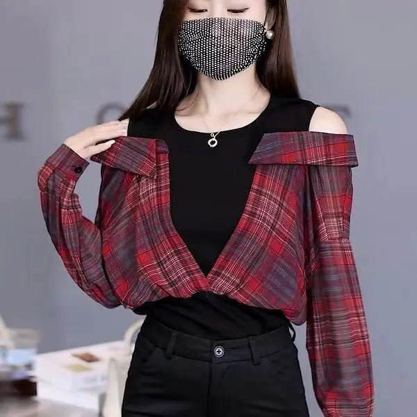 🍒 女式假两件衬衫棉质衬衫露肩上衣酷炫蓝条纹衬衫 女性独特潮流青春款
