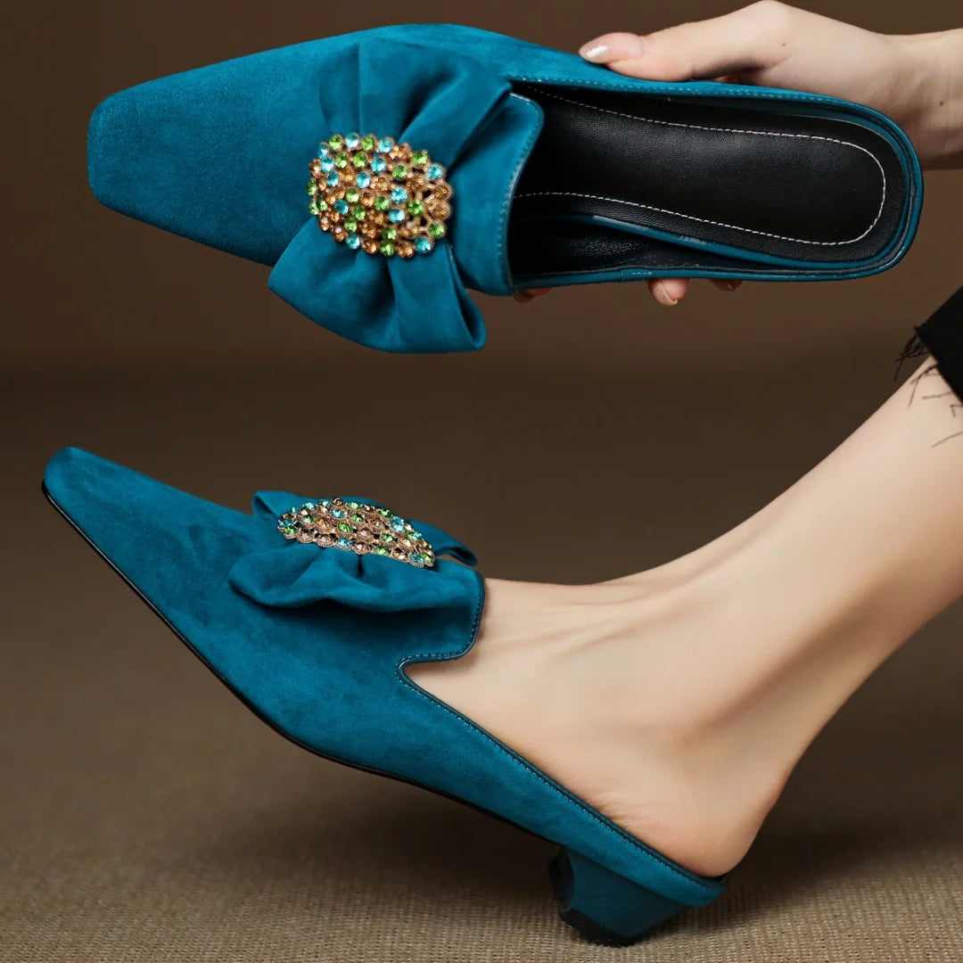 🍒Natural suede black flat mules with bow front slip on shoes for women leather square toe kitten heels flats summer footwear with crystal buckle flats 3cm kitten heel occasìon parry shoes Dont Slip On Slippers