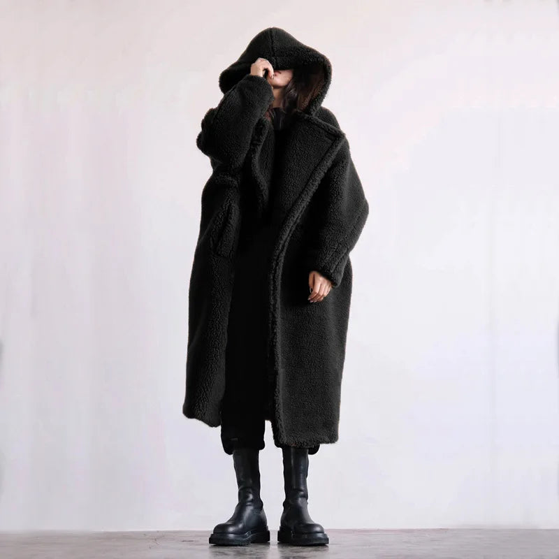 🍒女士仿皮草大衣连帽中长款翻领大衣时尚彩色外套开襟优雅保暖加厚秋冬装 宛如泰迪熊般温暖