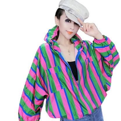 🍒Hooded windbreaker Jacket women streetwear long sleeves spring top quick drying Y2k striped clothing fashion casual bomber women    Swipe Right To This Right Stripe