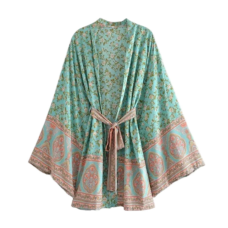 🍒Beach coverups wild floral print short light kimono jacket batwing duster bohemian ladies v-neck rayon short bikini swimwear cover over vacation wear holiday clothing casual wear  Colourful Comfort