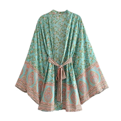 🍒Beach coverups wild floral print short light kimono jacket batwing duster bohemian ladies v-neck rayon short bikini swimwear cover over vacation wear holiday clothing casual wear  Colourful Comfort