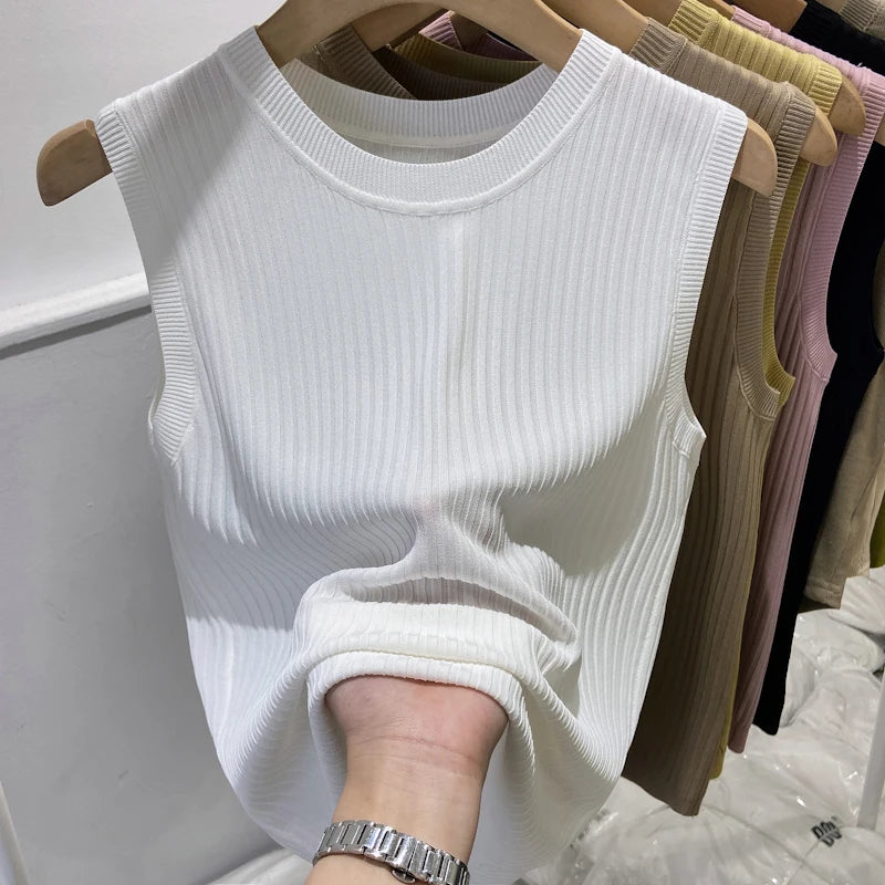 🍒女士针织背心细针无袖衫夏季女装圆领无袖T恤休闲服装，背心让您的上衣更上一层楼