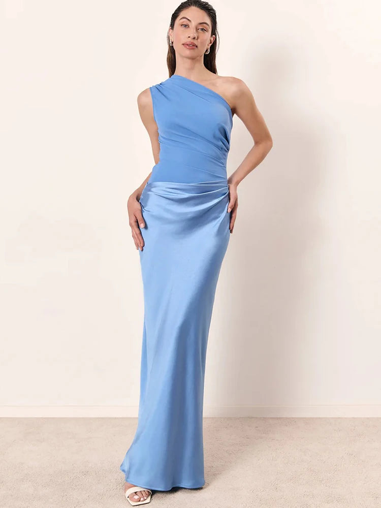 🍒Mixed media outfit satin one shoulder maxi dress brown sleeveless evening dress for  Summer slim elegant party clubwear Look SMOOTH In CHOCOLATE