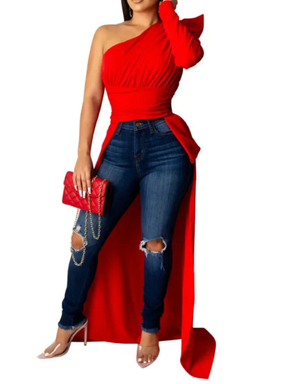 🍒Een skouer laer soom tops vir vroue langmou een skouer bloesontwerp asimmetriese gemaklike bloese luiperddruk mode slim gemaklike klere Shake Your Tail Feathers