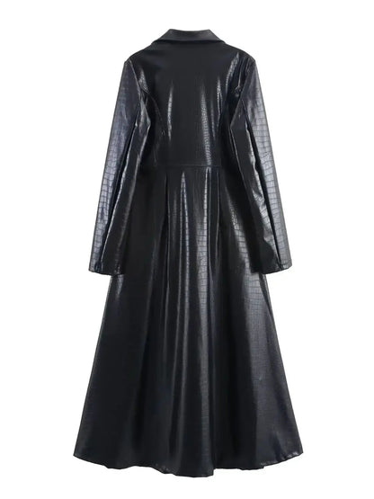 🍒Ekstra lang kunsleer-trenchcoat vintage maxi luukse pu dubbelbors swart ontwerper-buiteklere klere slim gemaklik Krokodilstyl
