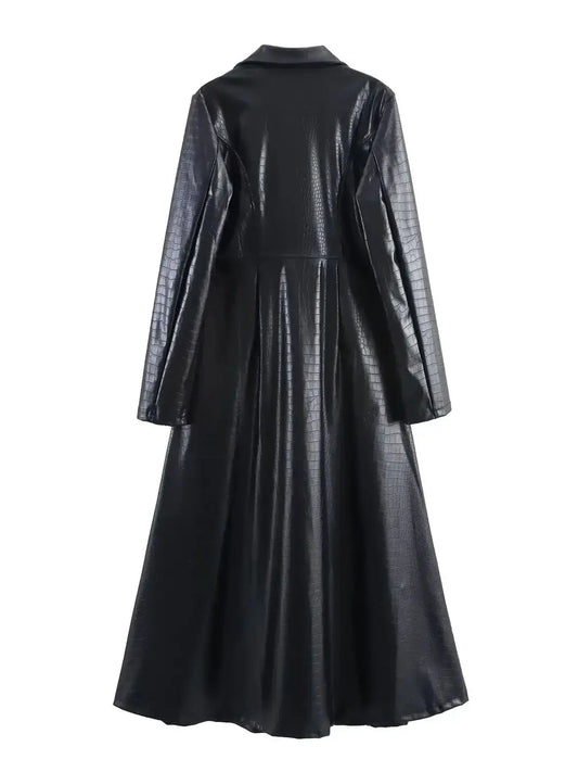 🍒Extra long faux leather trench coat vintage maxi luxury pu double breasted black designer outerwear clothing smart casual Crocodile Style