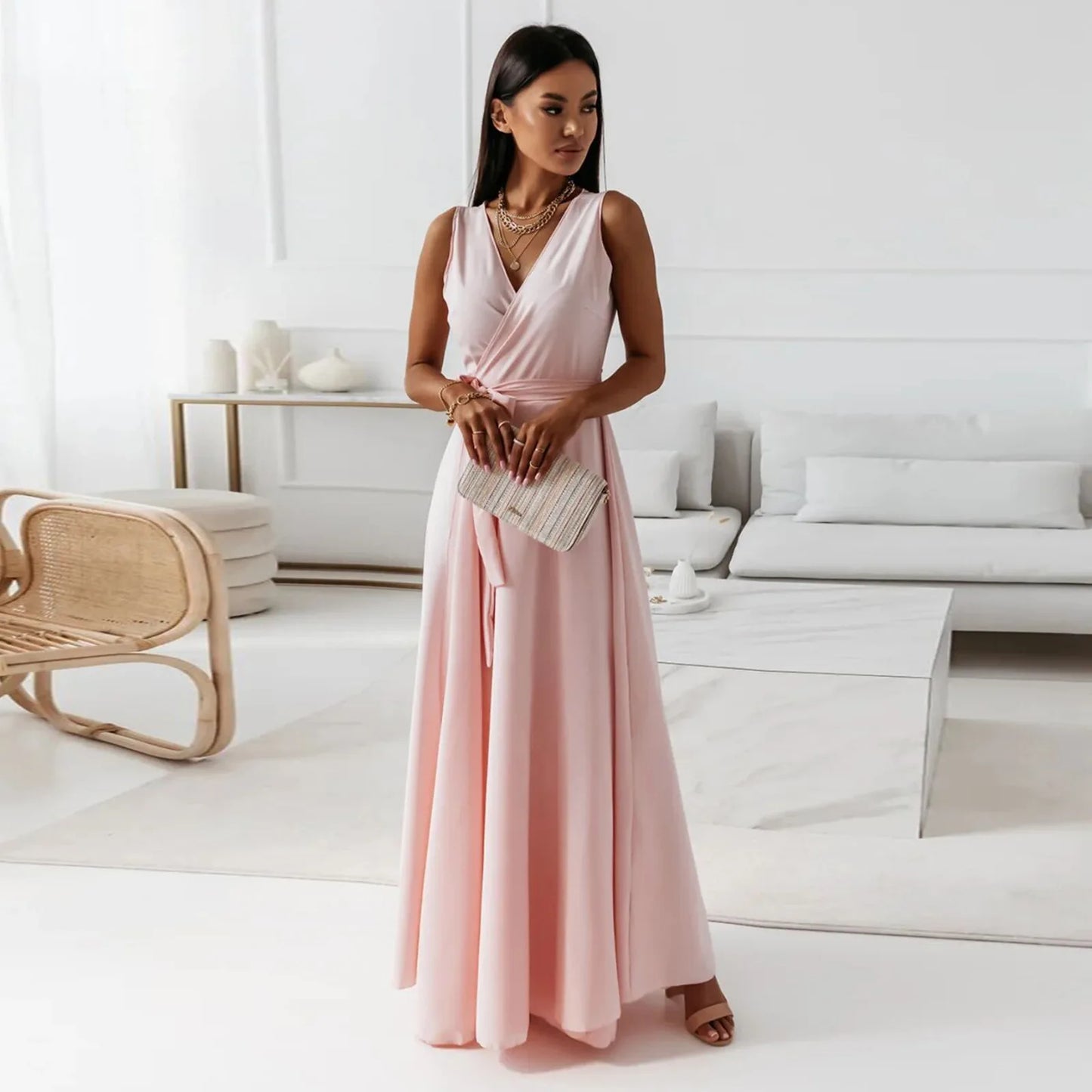 🍒Elegant party dresses for women v-neck sleeveless belt evening wear solid colour occasion wear outfit party wear maxi fashion Feminine Female Fashion Flair