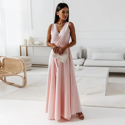 🍒Elegant party dresses for women v-neck sleeveless belt evening wear solid colour occasion wear outfit party wear maxi fashion Feminine Female Fashion Flair
