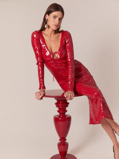 🍒Women's red sequins dress cut out front tie string backless fashion long sleeve evening outfits midaxi shiny party cocktail gowns Catch A Taxi In Ya' Maxi